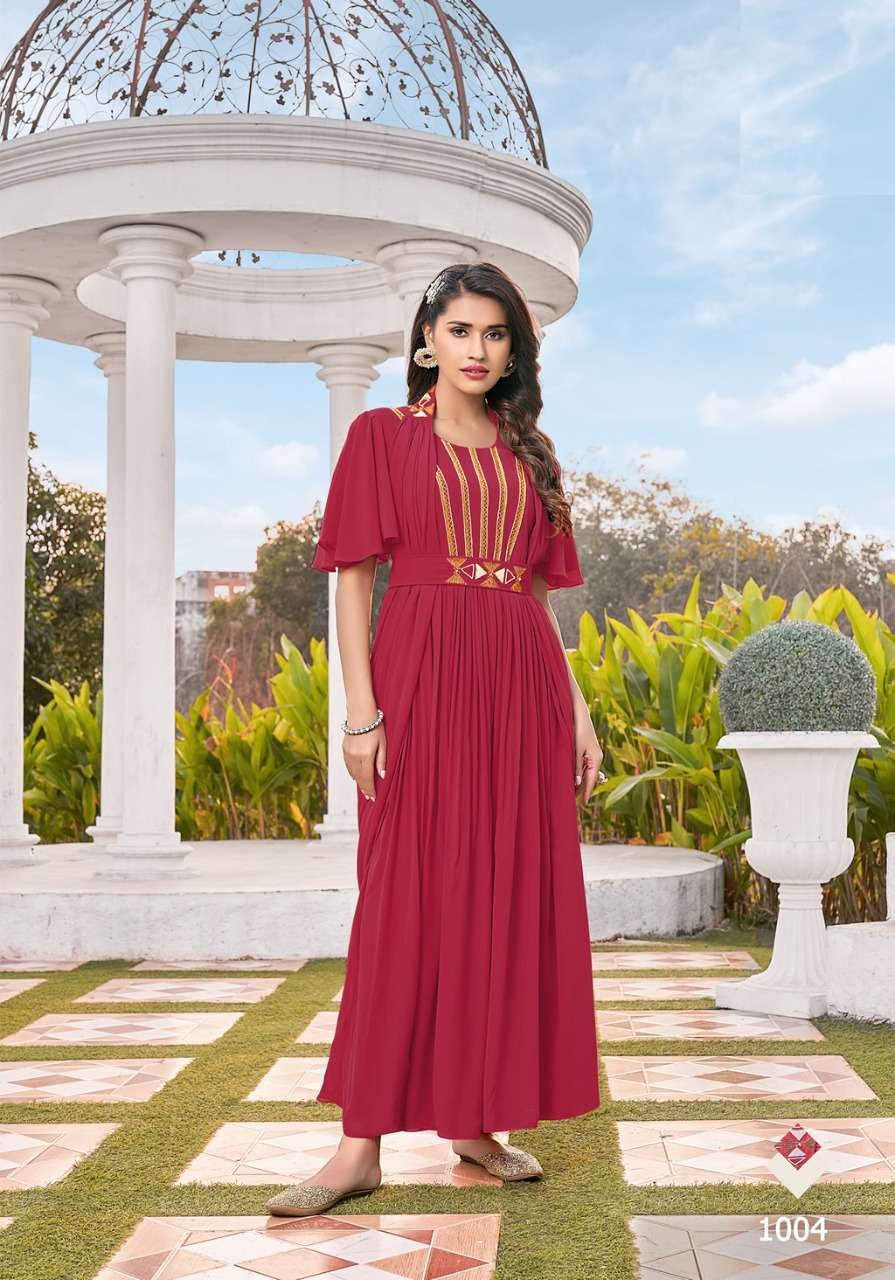 S3forever- Retro Vol 1-Fabric-Gorgette-Handwork-Long-Gown-Kurti-With Inner-1004